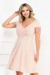 Rochie de seara eleganta in clos InPuff cu paiete rose si margelute pe maneca