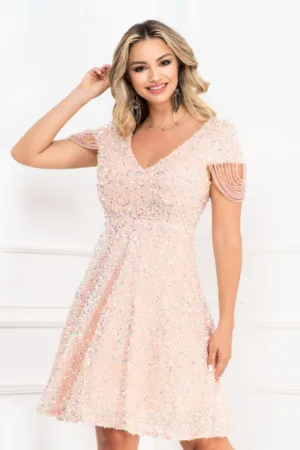 Rochie de seara eleganta in clos InPuff cu paiete rose si margelute pe maneca