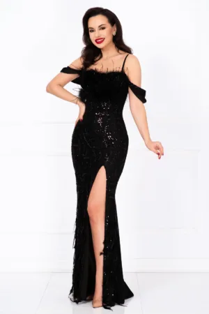 Rochie de seara eleganta neagra Casiana decorata cu margele si fulgi
