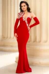 Rochie de seara eleganta rosie Lorenza cu aplicatii pretioase argintii