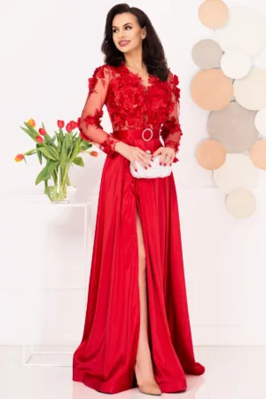Rochie de seara eleganta rosie Ofelia cu flori 3D