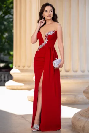 Rochie de seara eleganta rosie cu trena pe o parte si model din strassuri