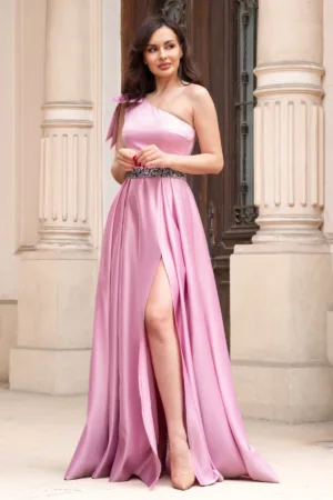 Rochie de seara eleganta roz din tafta cu funda pe umar
