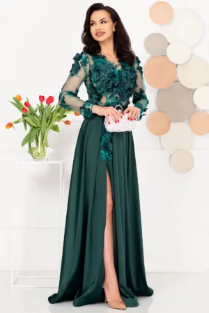 Rochie de seara eleganta verde Ofelia cu flori 3D