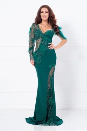 Rochie de seara eleganta verde tip sirena Allegra cu pietre sclipitoare si fulgi