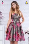 Rochie de seara gri cu roz clos din brocard cu fir metalic