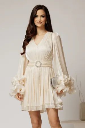 Rochie de seara ivoar din voal cu pelicula si catarama in talie