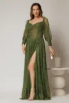 Rochie de seara kaki din dantela cu decolteu tip corset