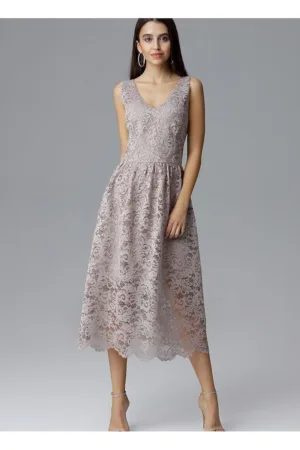 Rochie de seara lunga 7/8 - dantela - decolteu frumos - bej - poliester-elastan -