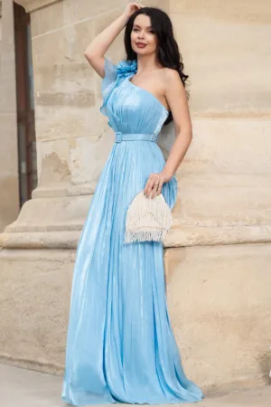 Rochie de seara lunga Fiorella bleu cu flore 3D pe umar