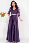 Rochie de seara lunga Giorgia mov din tafta cu maneci brodate