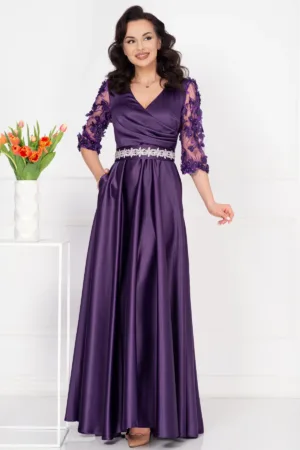 Rochie de seara lunga Giorgia mov din tafta cu maneci brodate
