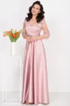 Rochie de seara lunga Giorgia roz din tafta cu maneci brodate