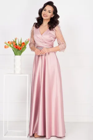 Rochie de seara lunga Giorgia roz din tafta cu maneci brodate