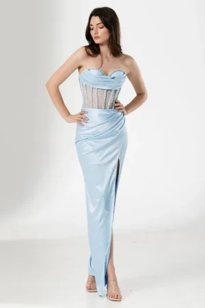 Rochie de seara lunga Sabina bleu cu fronseuri si pietre pretioase