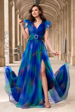 Rochie de seara lunga Tereza cu imprimeu in culorile paunului