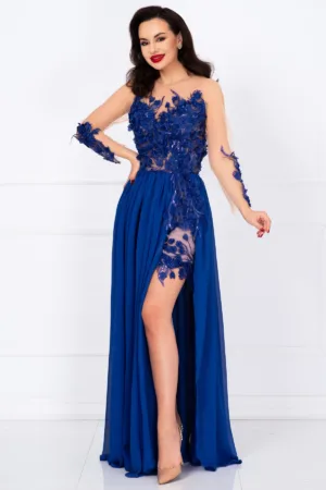 Rochie de seara lunga albastra Mikaela decorata cu flori 3D