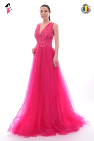 Rochie de seara lunga de tulle ciclam