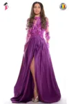 Rochie de seara lunga din tafta ciclam cu flori 3D