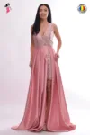 Rochie de seara lunga din tafta roz prafuit cu broderie si slit pe picior