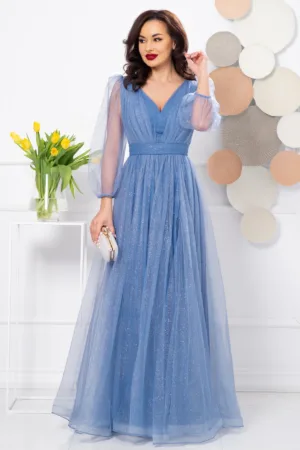 Rochie de seara lunga eleganta bleu Esmeralda cu glitter
