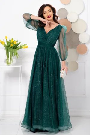 Rochie de seara lunga eleganta verde Esmeralda cu glitter