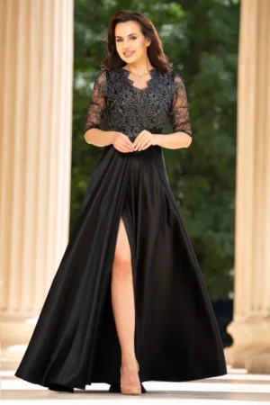 Rochie de seara lunga neagra Lucrezia din tafta cu broderie