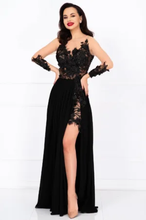 Rochie de seara lunga neagra Mikaela decorata cu flori 3D