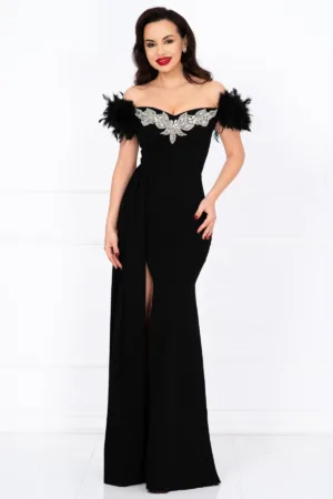 Rochie de seara lunga neagra tip sirena Alissa cu fulgi si trena