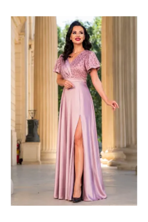 Rochie de seara lunga roz Carmen cu maneci fluture
