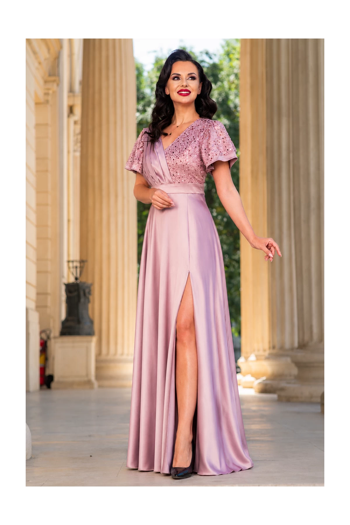 Rochie de seara lunga roz Carmen cu maneci fluture