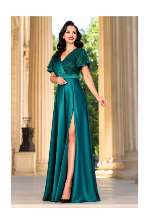 Rochie de seara lunga verde Carmen cu maneci fluture