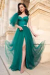 Rochie de seara lunga verde Lidia din tulle cu funda pe umar