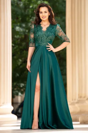 Rochie de seara lunga verde Lucrezia din tafta cu broderie