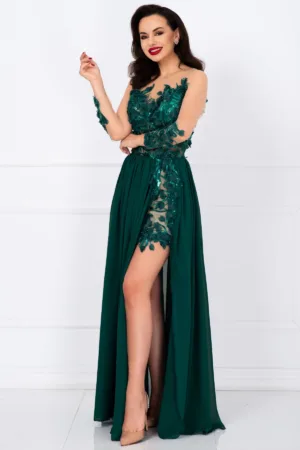 Rochie de seara lunga verde Mikaela decorata cu flori 3D