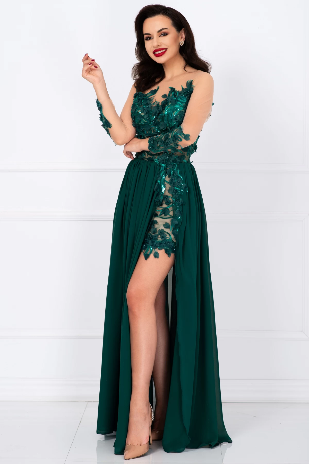Rochie de seara lunga verde Mikaela decorata cu flori 3D