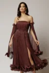 Rochie de seara maro ciocolata cu volanase din voal cu pelicula si maneci detasabile