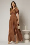 Rochie de seara maro cu maneci vaporoase din voal peliculizat