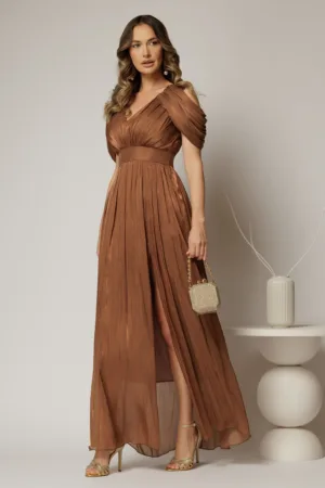 Rochie de seara maro cu maneci vaporoase din voal peliculizat