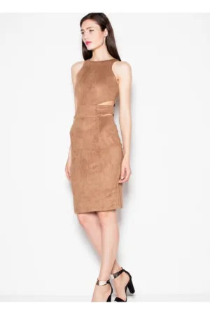 Rochie de seara maro - imitatie piele de caprioara - decupaje talie - elastan 5%