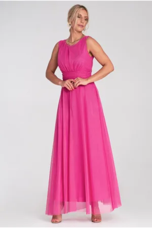 Rochie de seara maxi - fara maneci - plasa - fuchsia -