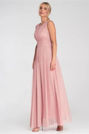 Rochie de seara maxi - fara maneci - roz - plasa -