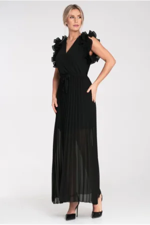Rochie de seara maxi - neagra - cu volane - poliester -
