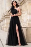 Rochie de seara neagra Clio din tulle brodat cu floare 3D pe umar si strassuri