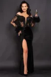 Rochie de seara neagra Julia din catifea cu broderie si fulgi