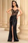 Rochie de seara neagra Vanessa cu fusta din tafta si bust brodat