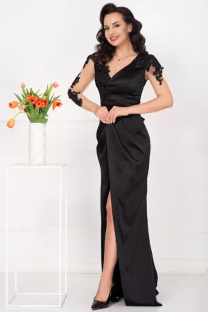 Rochie de seara neagra din tafta subtire Tania cu broderie aplicata