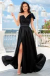 Rochie de seara neagra eleganta lunga Ellis cu funda pe umar