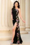 Rochie de seara neagra lunga Amelia cu flori brodate