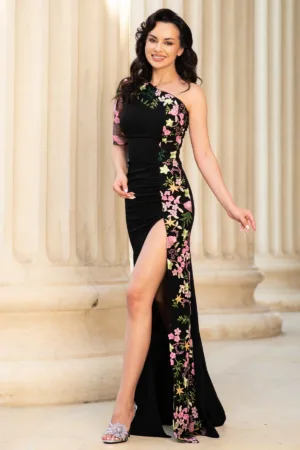 Rochie de seara neagra lunga Amelia cu flori brodate